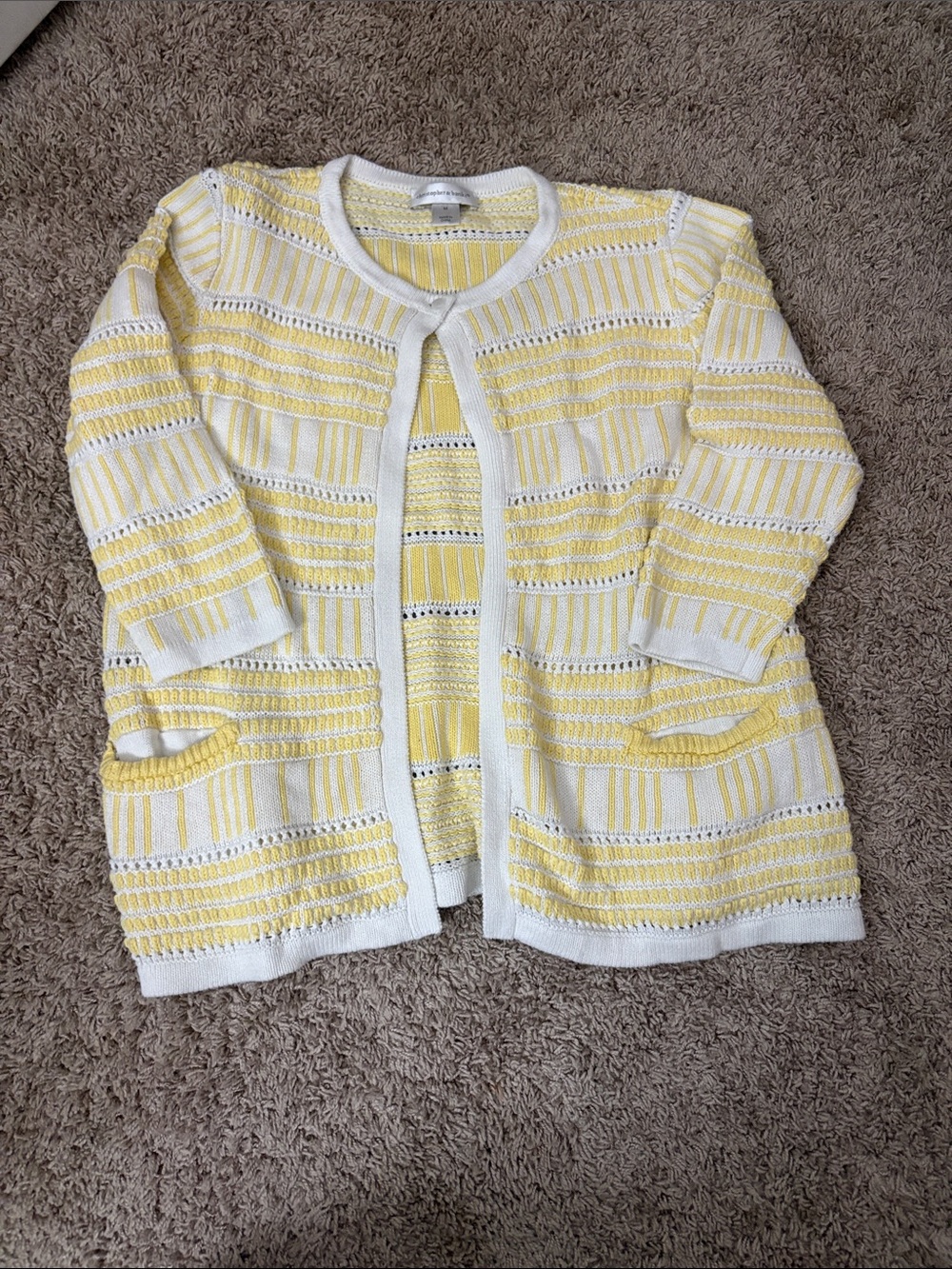 Christopher & Banks Yellow and White Open Knit Cardigan
